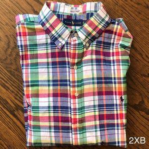 RALPH LAUREN Men’s Short Sleeve Plaid Button Down Shirt w/ Collar Buttons Sz 2XB